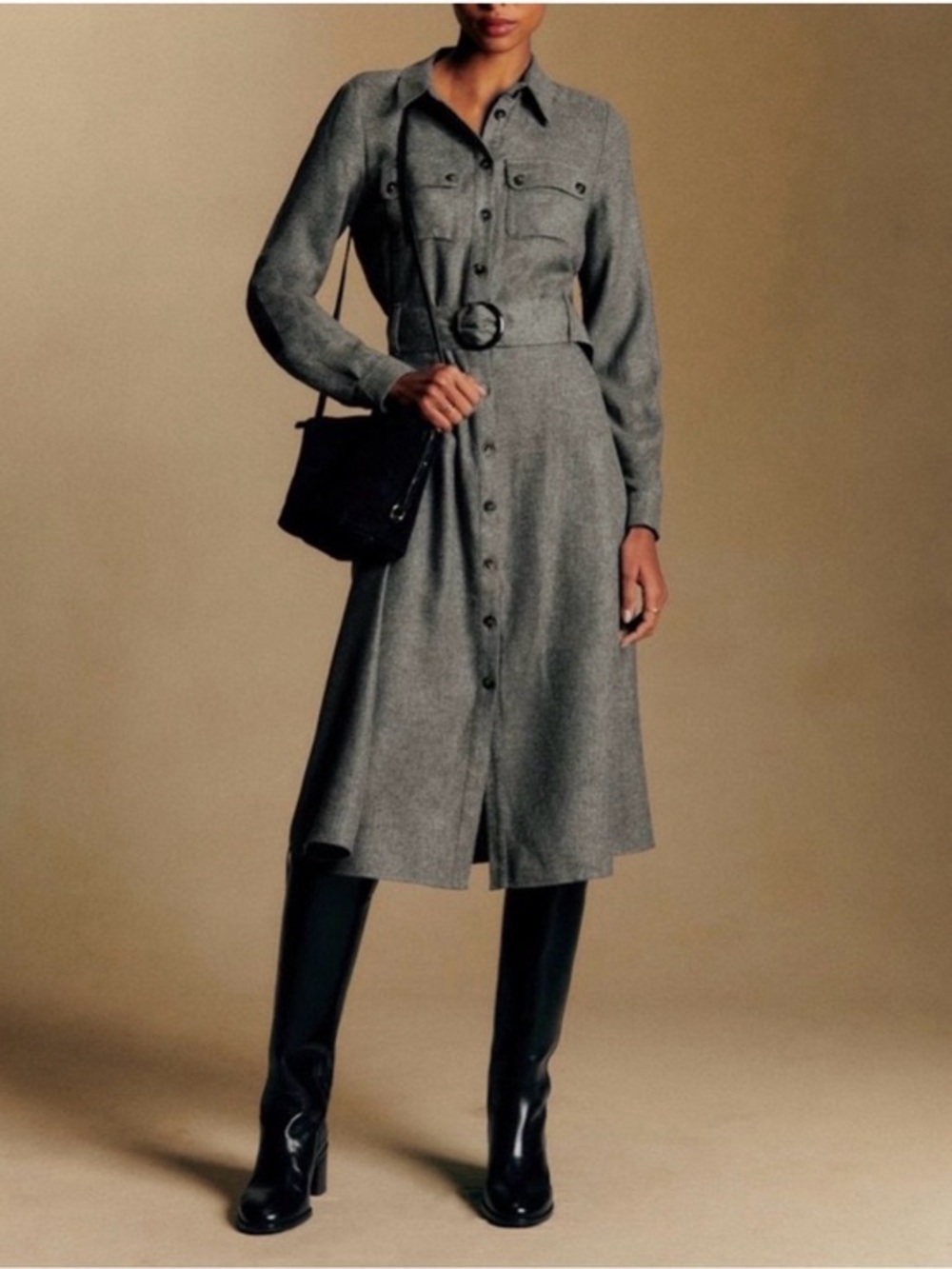 Sézane Tea Dress Belted Button Up Flannel Dark Gray
